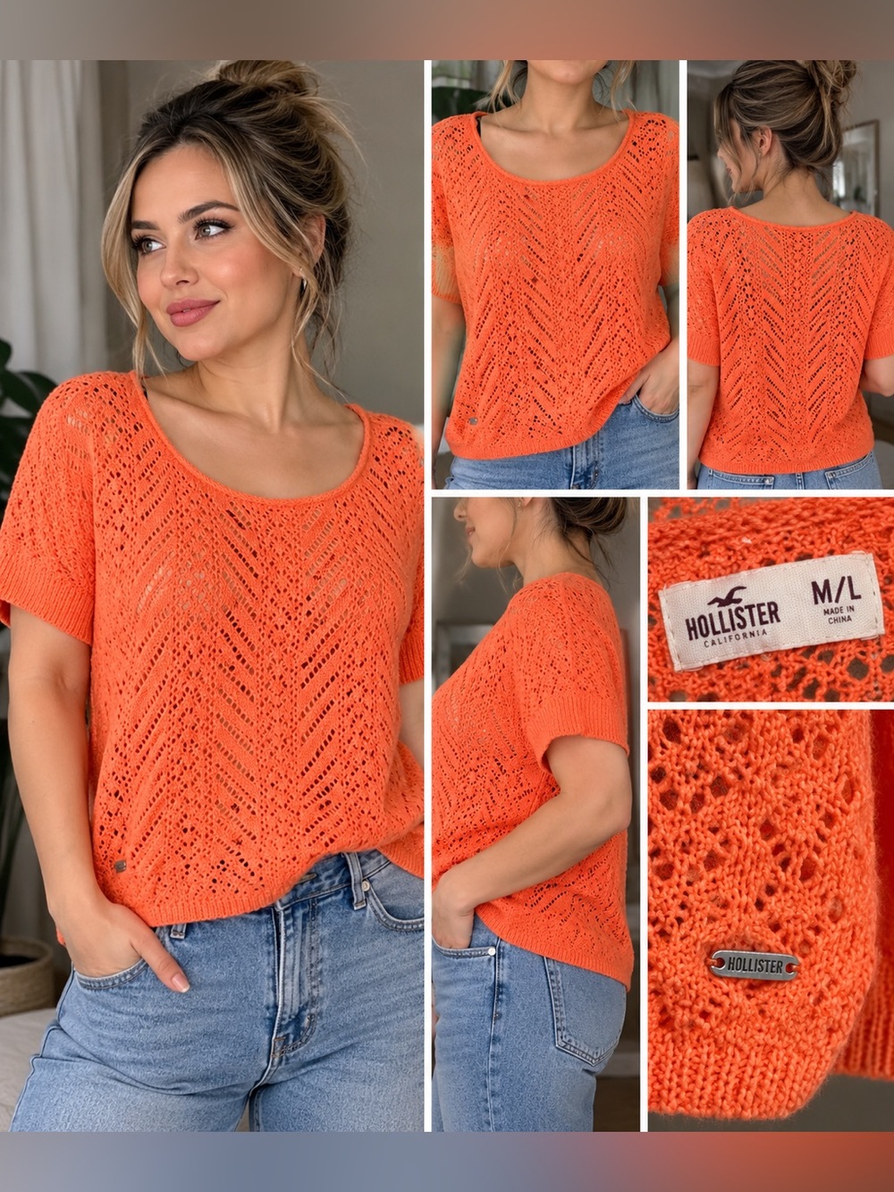 Hollister Open-Knit Short Sleeve Top in Bright Orange